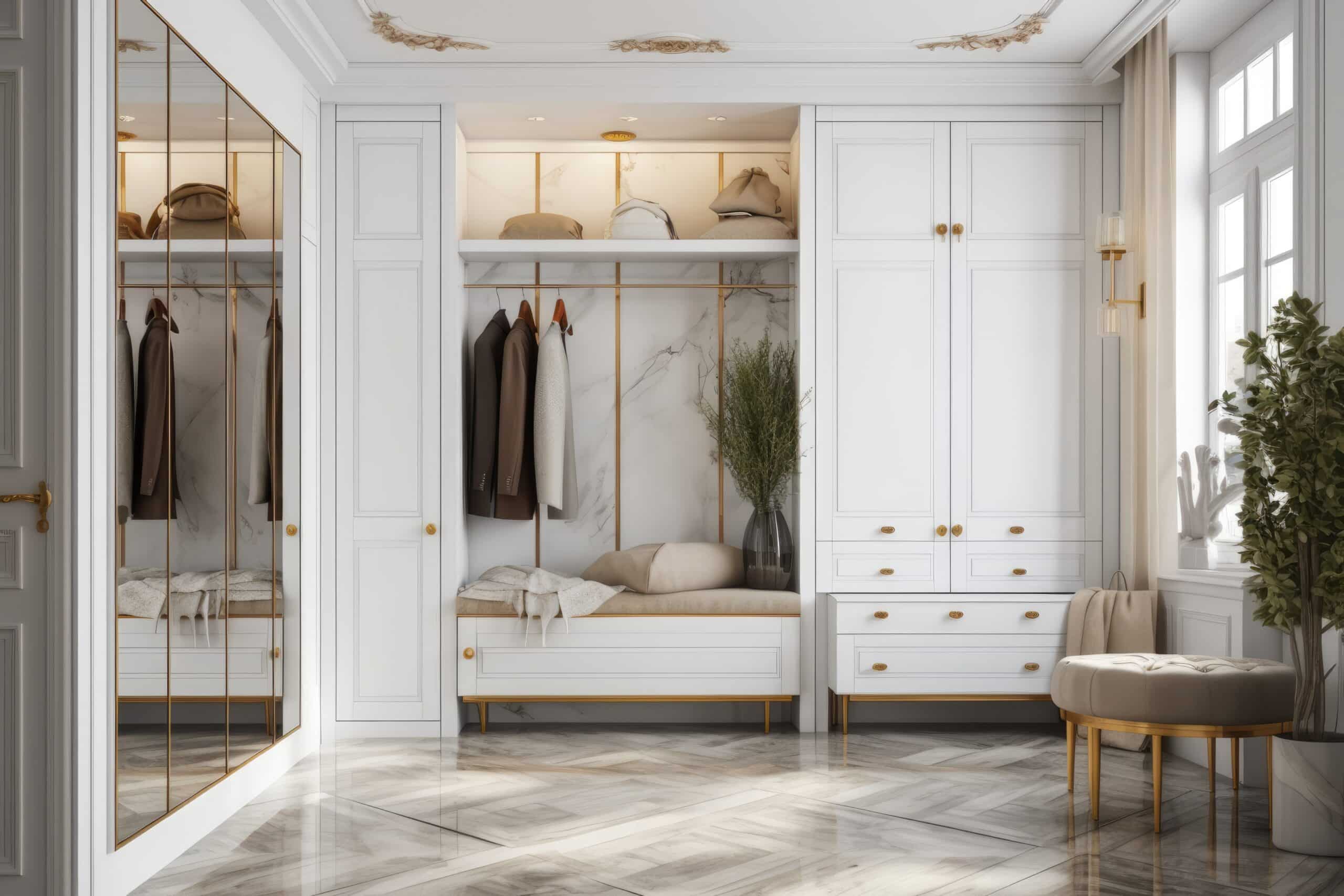 Armoire à vêtements à portes de conception classique blanche avec étagères et accents dorés.