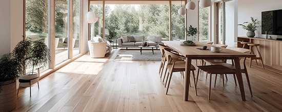 revêtement de plancher en bois clair salle à manger et salon.