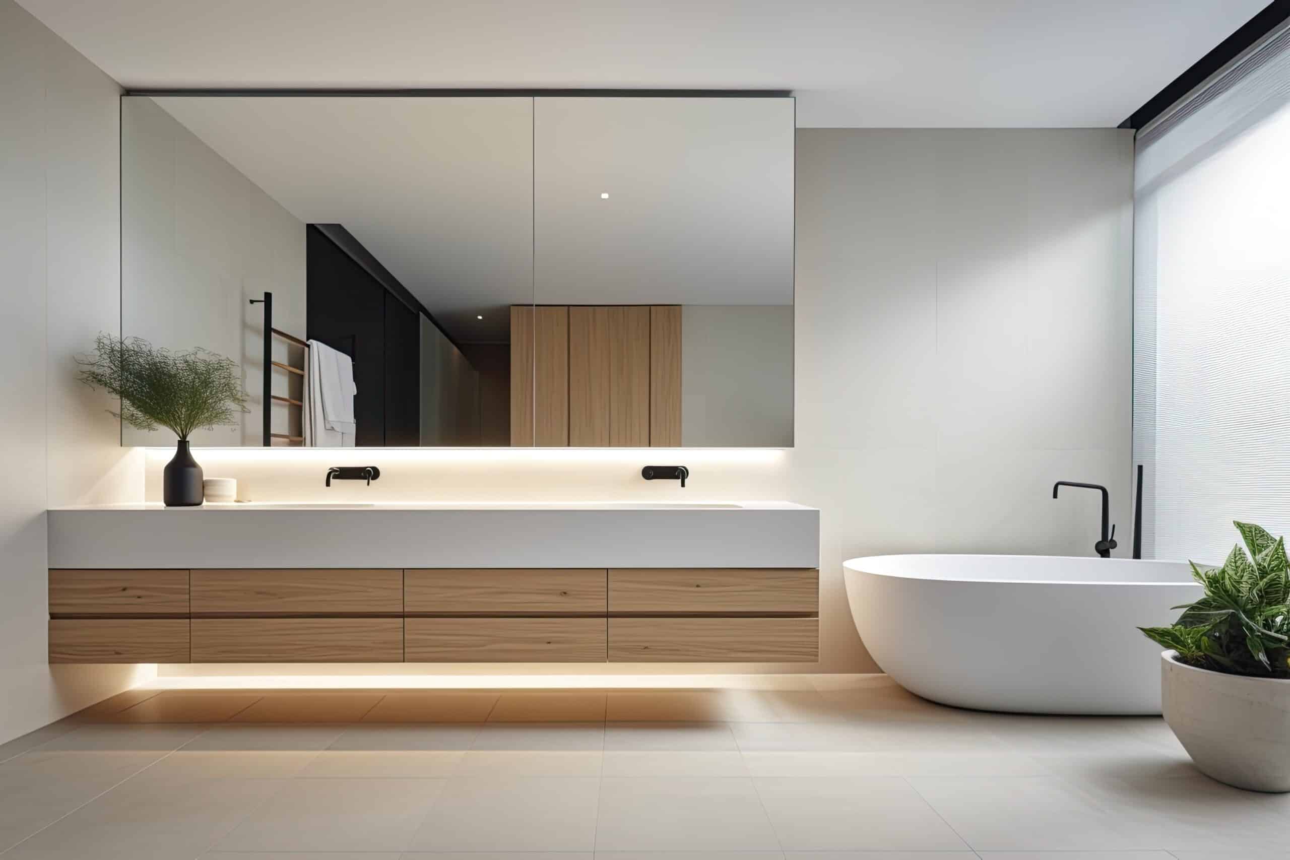 Salle de bain minimaliste avec des lignes épurées, une vanité flottante et un grand miroir, mettant en valeur une esthétique moderne et épurée