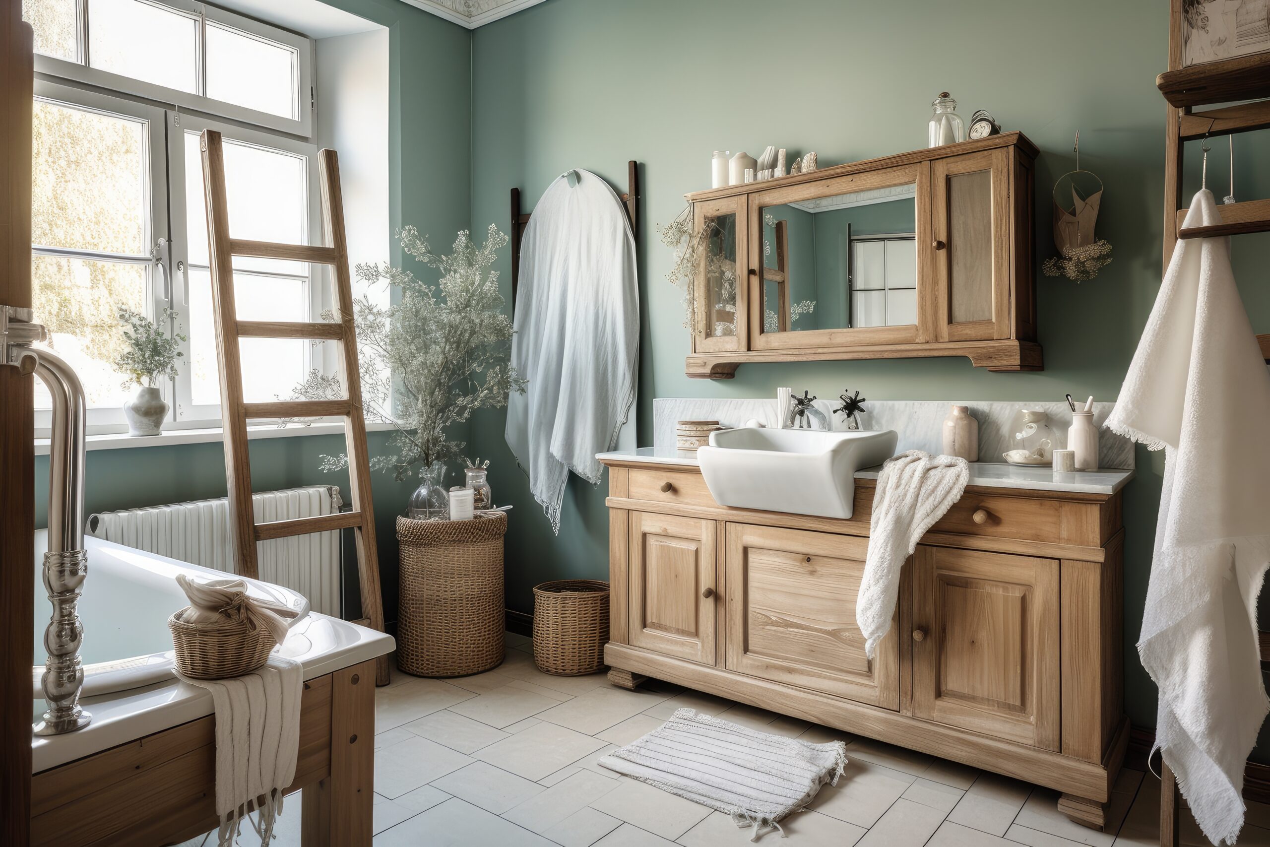Salle de bains shabby chic avec vanité en bois, luminaires métalliques et serviettes luxueuses