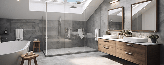 vanité salle de bain sur mesure dans une salle de bain moderne avec douche vitrée et baignoire.
