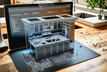 Conception future. Les dessins de construction de la cuisine se transforment en modèle 3D à l'aide de la réalité augmentée