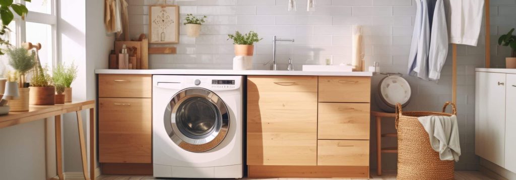Photo d'une machine à laver posée dans une buanderie dans une maison moderne et minimaliste