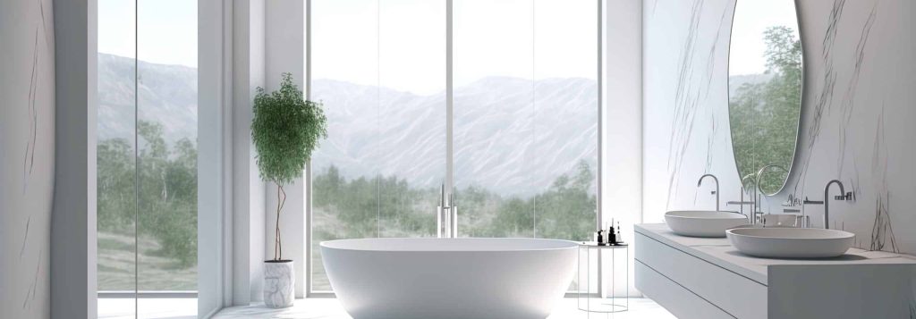 Une salle de bain contemporaine avec une baignoire blanche et deux vasques, une large fenêtre panoramique et un intérieur minimaliste en marbre et béton.