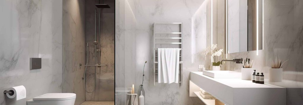 Salle de bain Design d'intérieur de luxe, baignoire, lavabo, lumière artificielle, avec une belle décoration