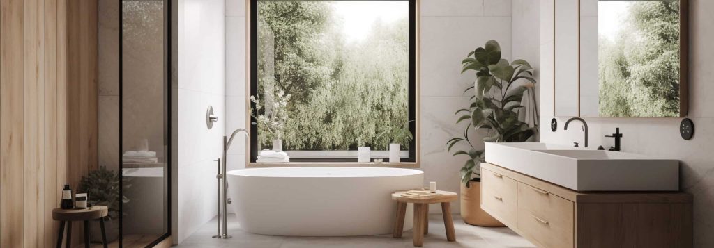 Une salle de bain minimaliste avec une palette de couleurs neutres