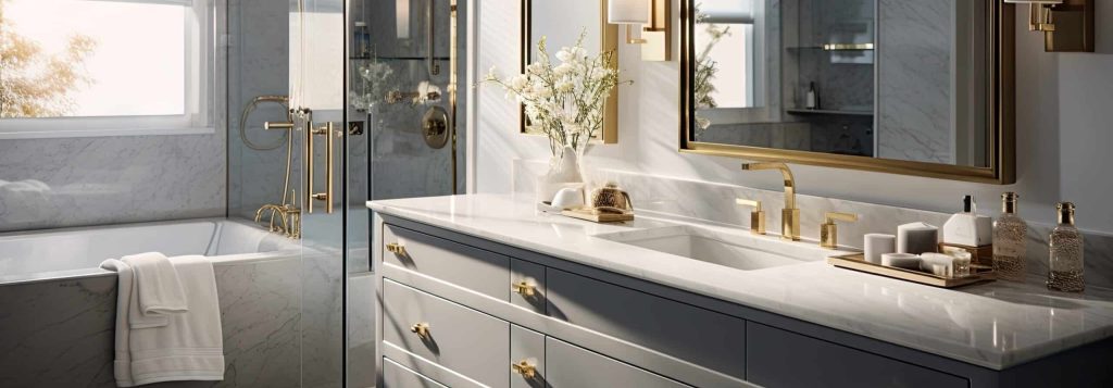 Vanité grise, luminaires et luminaires dorés, comptoir en marbre blanc dans la salle de bain.