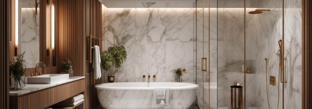 Une salle de bains spa de luxe avec douche à vapeur et détails en marbre.