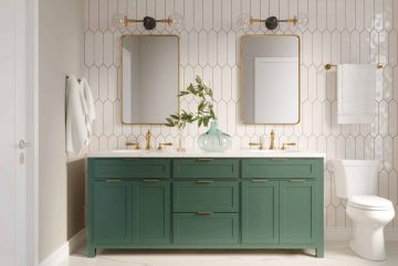 vanité salle de bain autonome vert avec deux miroirs rectangulaires