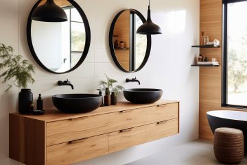Salle de bains attenante avec vanité murale en bois, lavabo noir et miroirs en forme de pilule.